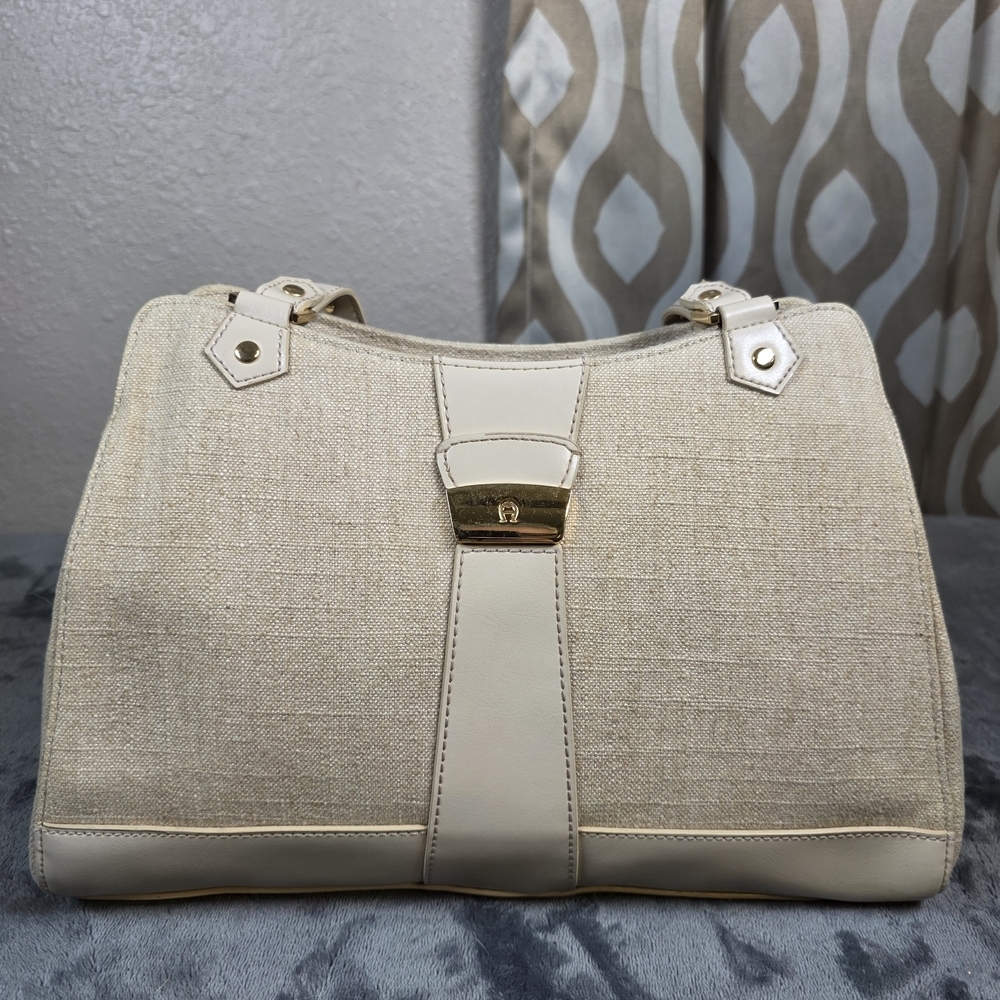 Etienne Aigner Cream and Tan Linen Shoulder Bag.
